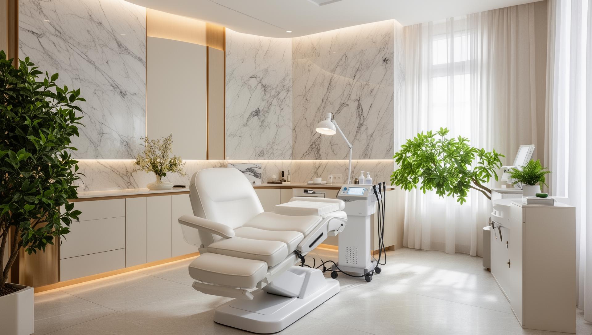 Luxury MedSpa treatment room with marble textures and natural light