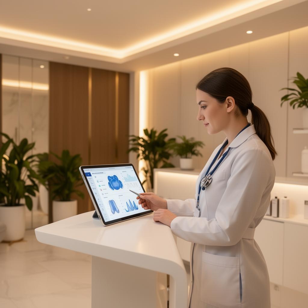 Medical provider using AI analytics dashboard on tablet